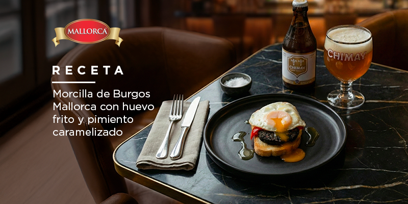 Morcilla de Burgos Mallorca con huevo frito y pimiento caramelizado